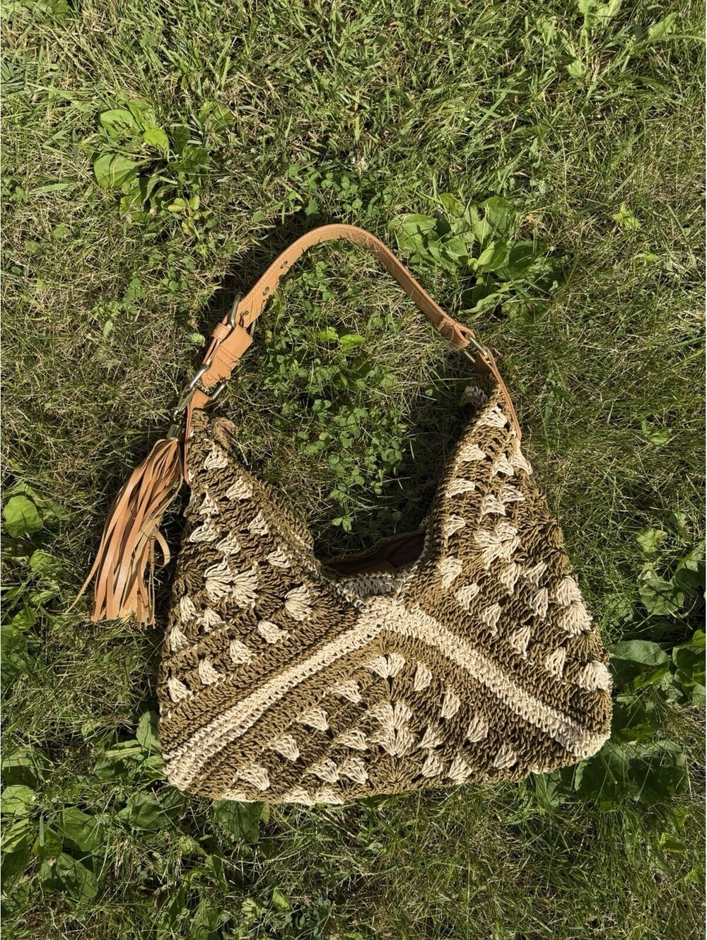 Franco Sarto Crochet Hobo Bag Leather and Raffia Type Material with Leather Trim